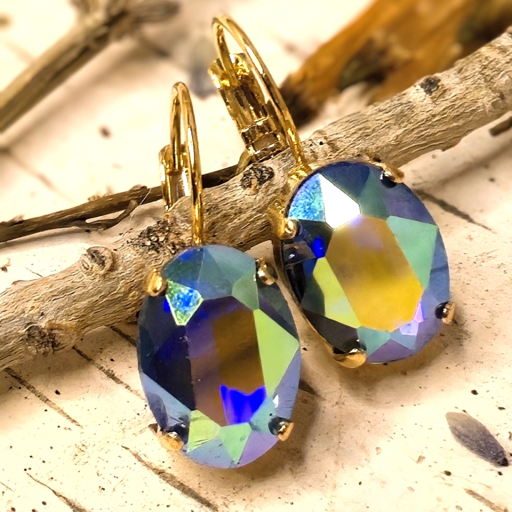 Blue So Very Metallic Swarovski Crystal In Gold Plated Drop Down Earrings - Picture 4 of 6